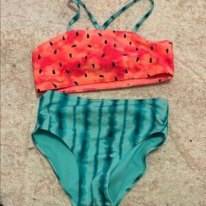 Girls' Watermelon Print Two-Piece Swim Set - Coral Top & Teal Bottom
